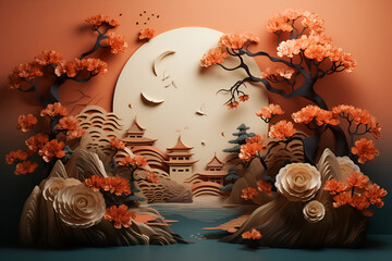 Mid-Autumn Festival, 3D scrapbook landscape with space for text and design. With Generative AI technology