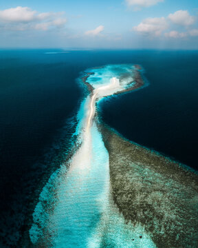 Aerial view of Hithi Sand bank on the Atoll, Maldives.