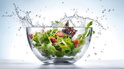 Vegetable salad in a bowl with flying ingredients and drops of olive oil.Generative AI