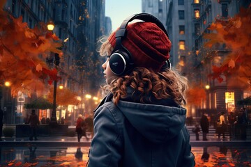 Obraz premium 7-8 years old girl in trendy clothes listens to the music from her smartphone in the headphones outdoors. Back view.