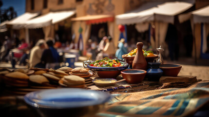 Delicious tajine dish in the vibrant surroundings of a market street, reminiscent of Djerba's classic Tunisian markets. Generative AI.