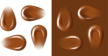 Hydrating cacao brown sunscreen face cream texture. Chocolate fluid revitalising lotion serum smear. Cosmetic skincare product for dark tanned skin. Realistic vector illustration.