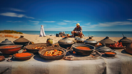 Tasty tajine on the beach, mirroring the colorful ambiance of Djerba's classic Tunisian vacations. Generative AI