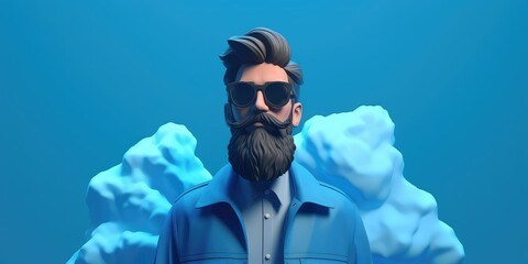 Generative AI. Prostate cancer awareness concept. Beard and moustache concept. Blue background of male cancer.  Trendy hipster man with glasses ad beard.
