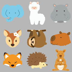 Set of flat colored cute and simple animal faces illustrations