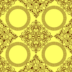 seamless graphic pattern, tile with abstract geometric brown ornament on yellow background, texture, design