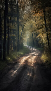 Winding dirt forest road. No people.