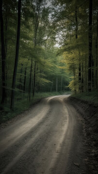 Winding dirt forest road. No people.