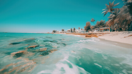 Djerba style beach with white sand and turquoise sea, exuding a typical colorful local ambiance. Generative AI.