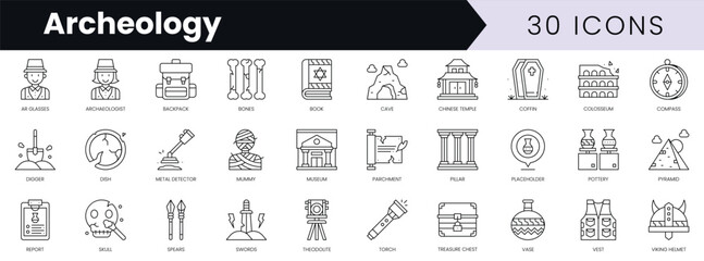 Set of outline archeology icons. Minimalist thin linear web icon set. vector illustration. - obrazy, fototapety, plakaty