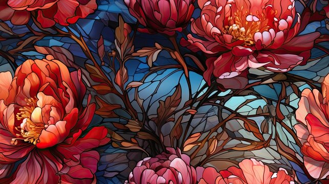 Stained glass seamless texture with peonies. Seamless interior texture.Art Deco vitrage glass.