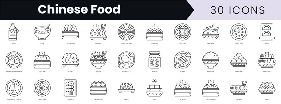 Set of outline chinese food icons. Minimalist thin linear web icon set. vector illustration.