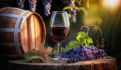 A glass of red wine stands on a wooden barrel against the backdrop of a winery in the evening sun,...