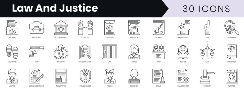 Set of outline law and justice icons. Minimalist thin linear web icon set. vector illustration.