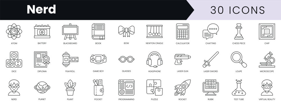 Set of outline nerd icons. Minimalist thin linear web icon set. vector illustration.