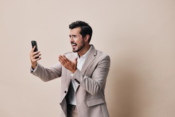 portrait man call handsome phone suit business happy smartphone hold smile