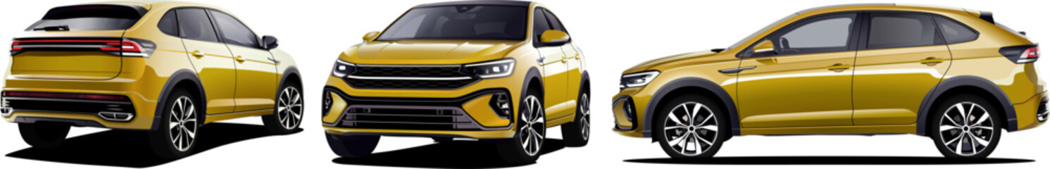 Realistic Vector 3d Isolated Yellow Car SUV with gradients, Front, Back and Side View