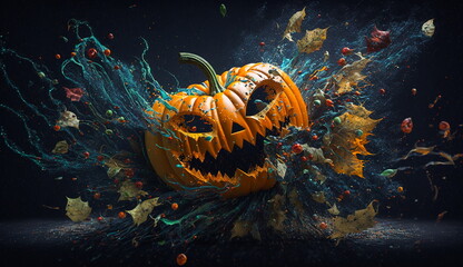 Fototapeta na wymiar Conceptual Halloween wallpaper with a pumpkin with a glowing face with an ominous looking splash and swirl of water.Generative AI