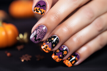 perfect manicure nails with Halloween themed purple and orange nail polish, nail salon advertisement, AI generated