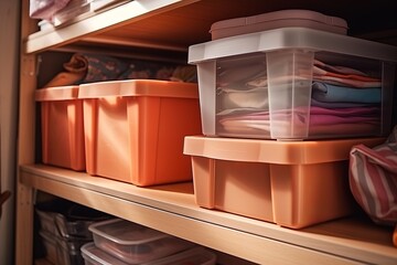 Close up of boxes and plastic containers on the shelves. Storage at home.