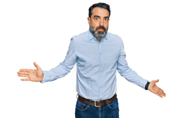 Middle aged man with beard wearing business shirt clueless and confused expression with arms and hands raised. doubt concept.