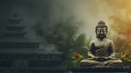 Zelfklevend Fotobehang buddha statue with copy space. mediation concept. AI generation © Daria17