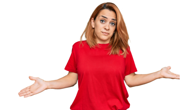Hispanic young woman wearing casual red t shirt clueless and confused expression with arms and hands raised. doubt concept.