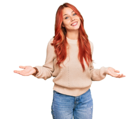 Young redhead woman wearing casual winter sweater smiling showing both hands open palms, presenting and advertising comparison and balance
