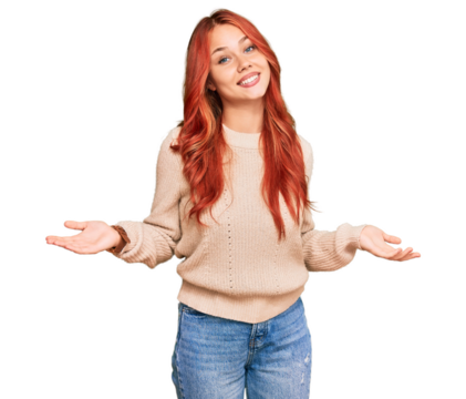 Young redhead woman wearing casual winter sweater smiling showing both hands open palms, presenting and advertising comparison and balance