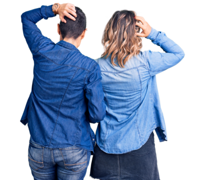 Couple of women wearing casual clothes backwards thinking about doubt with hand on head