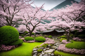 Sakura blossoms in japanese style ornamental garden, beautiful landscape. Generative AI.