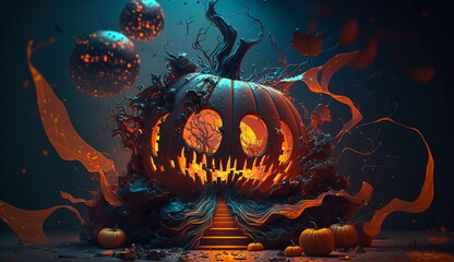 Conceptual wallpaper for Halloween with a pumpkin with a glowing face with a sinister look and nightly holiday paraphernalia.Generative AI