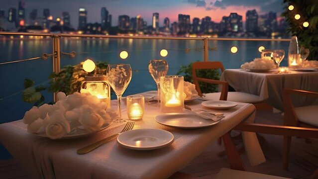 video dinner at a luxury hotel at a table with a beautiful view