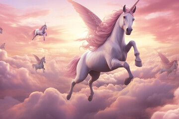 Obraz na płótnie Canvas Beautiful white and pink unicorns flying in the sky AI generative.