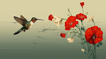 Plakat A green-stemmed flower is visited by a hummingbird in flight. (Illustration, Generative AI)