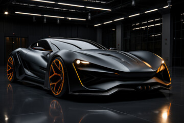 Fototapeta na wymiar Futuristic concept car in garage on dark background, expensive exclusive sports auto, AI Generated
