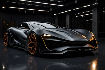 Futuristic concept car in garage on dark background, expensive exclusive sports auto, AI Generated © staras