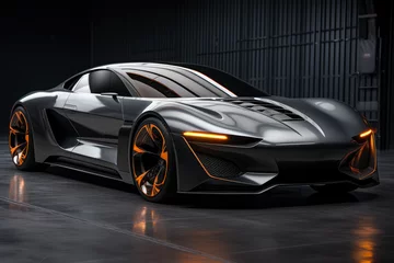 Futuristic concept car in garage on dark background, expensive exclusive sports auto, AI Generated © staras