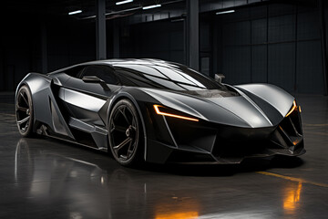 Futuristic concept car in garage on dark background, expensive exclusive sports auto, AI Generated