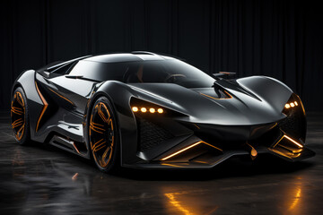 Futuristic concept car in garage on dark background, expensive exclusive sports auto, AI Generated © staras