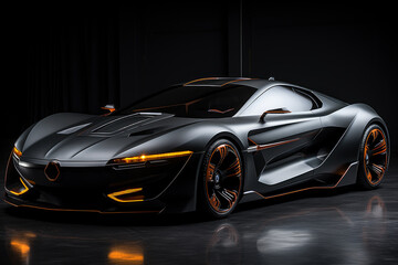 Fototapeta na wymiar Futuristic concept car in garage on dark background, expensive exclusive sports auto, AI Generated