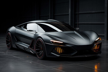 Futuristic concept car in garage on dark background, expensive exclusive sports auto, AI Generated