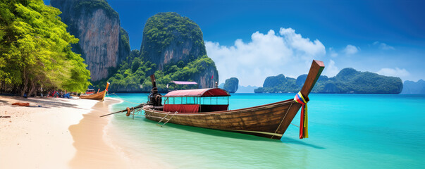 Traditional wooden longtail boat and Thailand. Beach and sand in Krabi province. - obrazy, fototapety, plakaty