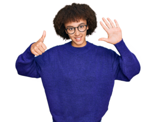 Young hispanic girl wearing casual winter sweater and glasses showing and pointing up with fingers number six while smiling confident and happy.
