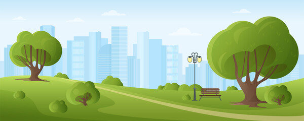 Cartoon downtown landscape panorama with wooden bench on public alley and street lamp, pond and green trees on lawn, blue sky and skyscrapers on horizon. City park in summer vector illustration. - obrazy, fototapety, plakaty