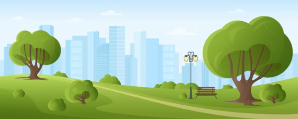 Foto op Aluminium Cartoon downtown landscape panorama with wooden bench on public alley and street lamp, pond and green trees on lawn, blue sky and skyscrapers on horizon. City park in summer vector illustration. © Flash concept