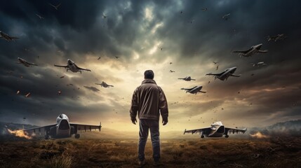 A man looking up in the sky watching military jets fly by - obrazy, fototapety, plakaty