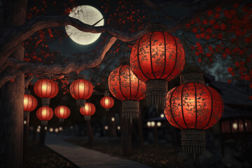 Red Chinese Lanterns hanging on a tree branches in the garden at night and moon. Generative ai illustration