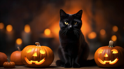 Halloween cute black cat and pumpkin lanterns. AI generated image