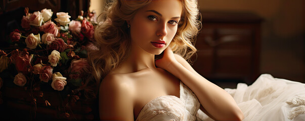 Romantic portrait of beautiful woman, ponarama photo, copy space for text.